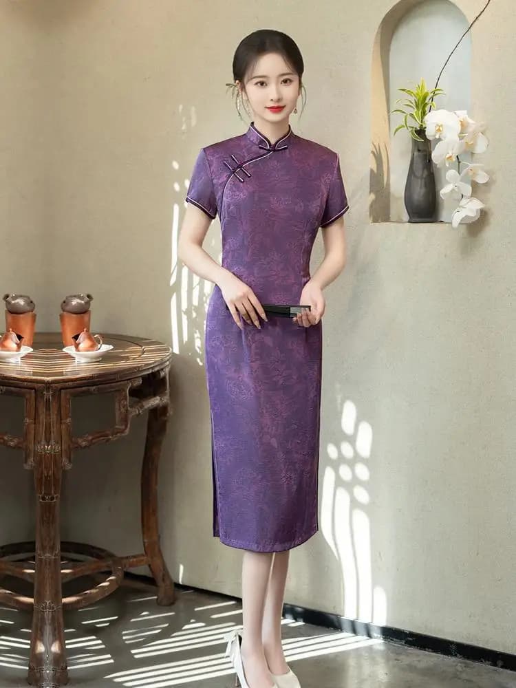 Gonna Qipao Lunga Midi Vintage in Acetato Viola per Donne in Gravidanza, Copre la Pancia, per Uso Quotidiano, Stile Estivo