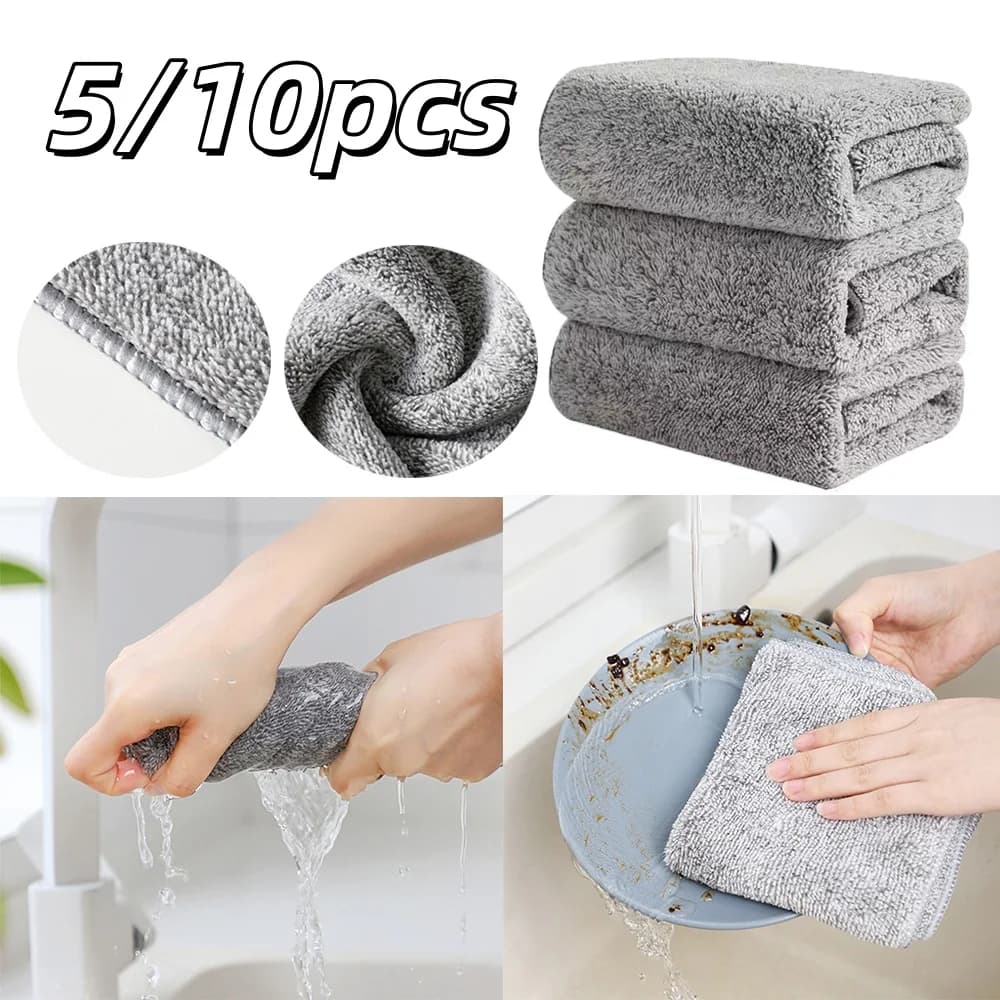 5-10pcs Bamboo Charcoal Fiber Cleaning Cloth Thickened Absorbent Non Stick Oil Cloths Shed-Free Kitchen Household Cleaning Cloth