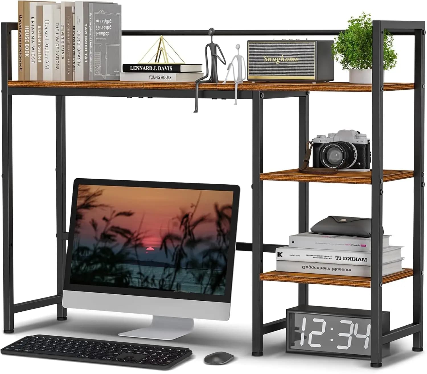 Organizer da Scrivania 38.6'', Scaffale in Legno per Monitor, Portaoggetti a 4 Ripiani per Casa, Ufficio, Dormitorio in Marrone Rustico
