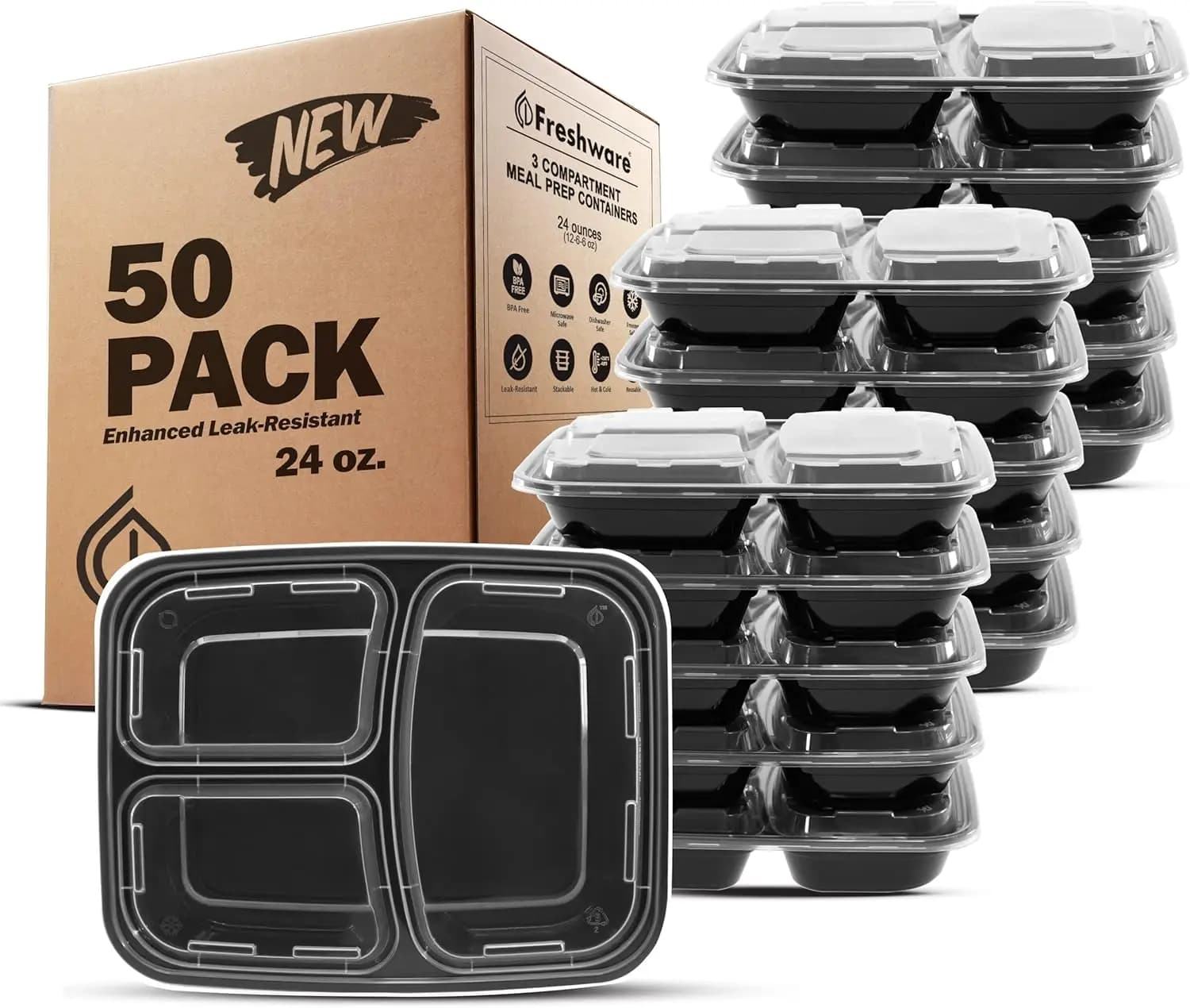 Contenitori per la preparazione dei pasti, confezione da 50, con 3 scomparti, bento box impilabili per il pranzo, adatti a microonde e lavabili in lavastoviglie