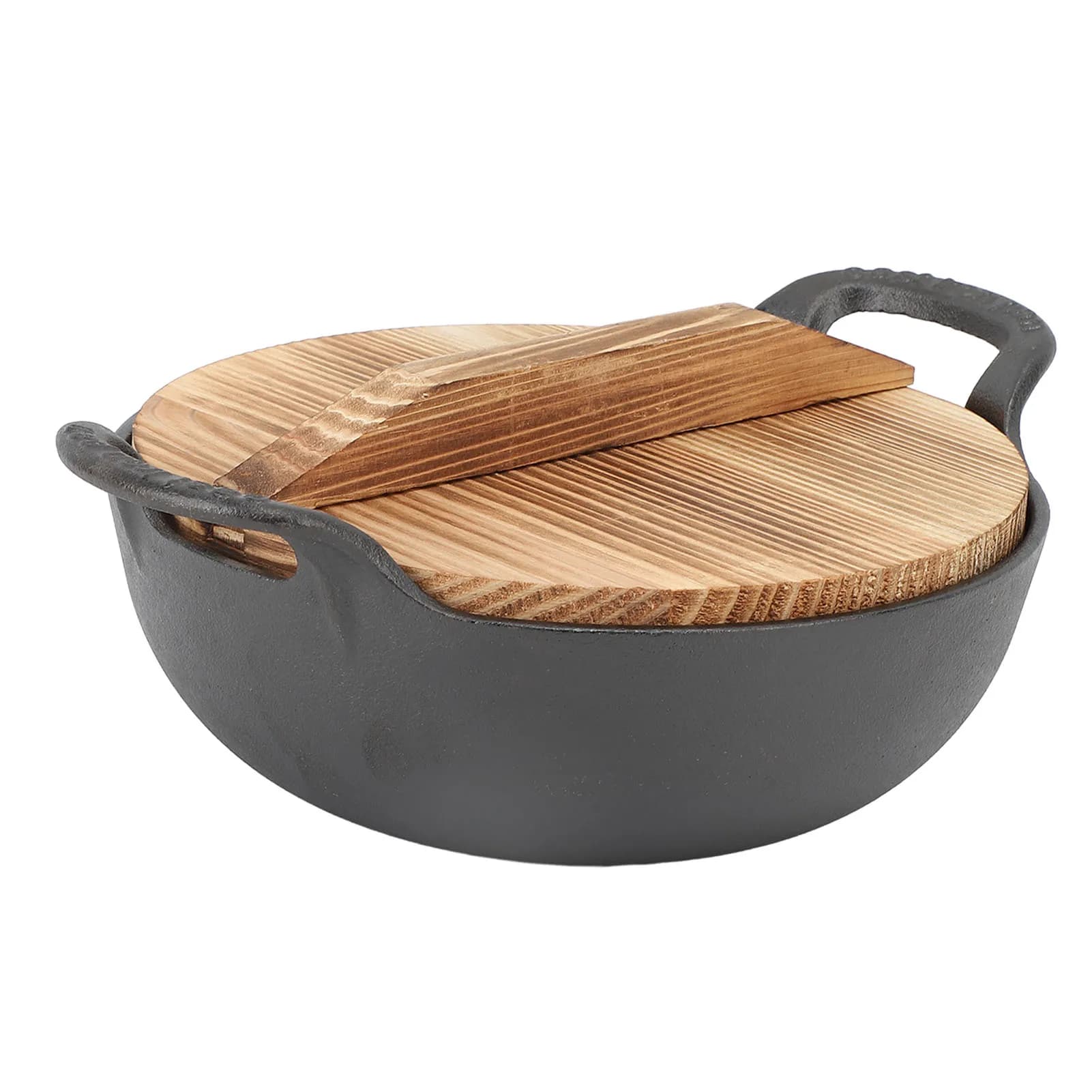 Wok wooden cover in cast iron Base flat handle 2 rings also heat multifunctional pan to mix for the kitchen