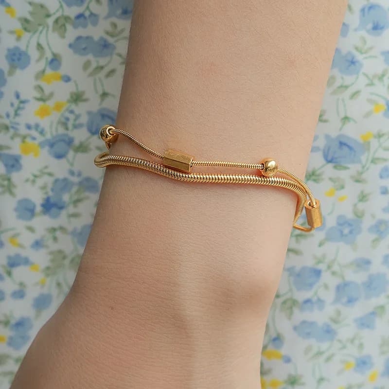 Stainless Steel Gold Plated Double Layer Snake Bone Chain Bracelet Bead Open Minimalist Ins Trendy Niche Chic Jewelry Women