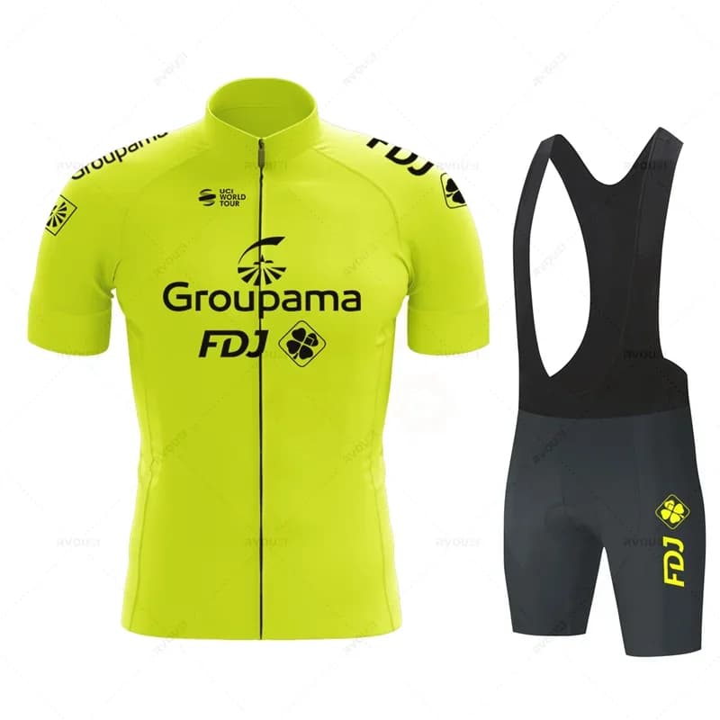 Yellow Fluorescent Fdj Team Cycling Shirt Set Short Sleeved Cycling Clothing for Red Bicycle Shorts with Cycling Sleeved Maillot
