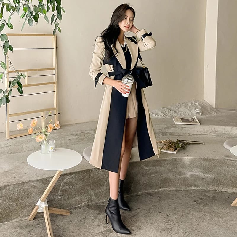 Cappotto Lungo Color Kaki, Design Elegante Stile Ufficio, Giacca Lunga Stile Britannico con Cintura in Vita