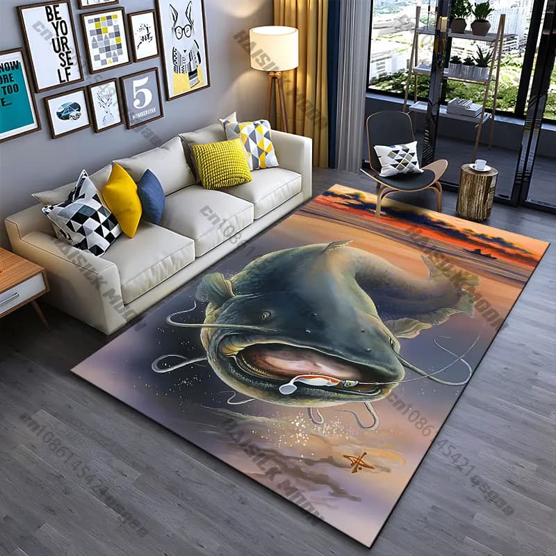 Tappeto da gioco per bambini, tappetino da yoga, tappeto decorativo per soggiorno, tappeto per gattonare, tappetino da gioco, tappeto per pescare il pesce gatto grande al tramonto