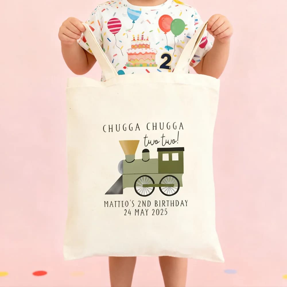 Borse tote personalizzate per bomboniere in treno Borse riutilizzabili in cotone per regali per feste di compleanno Decorazioni per baby shower Chugga Chugga Two