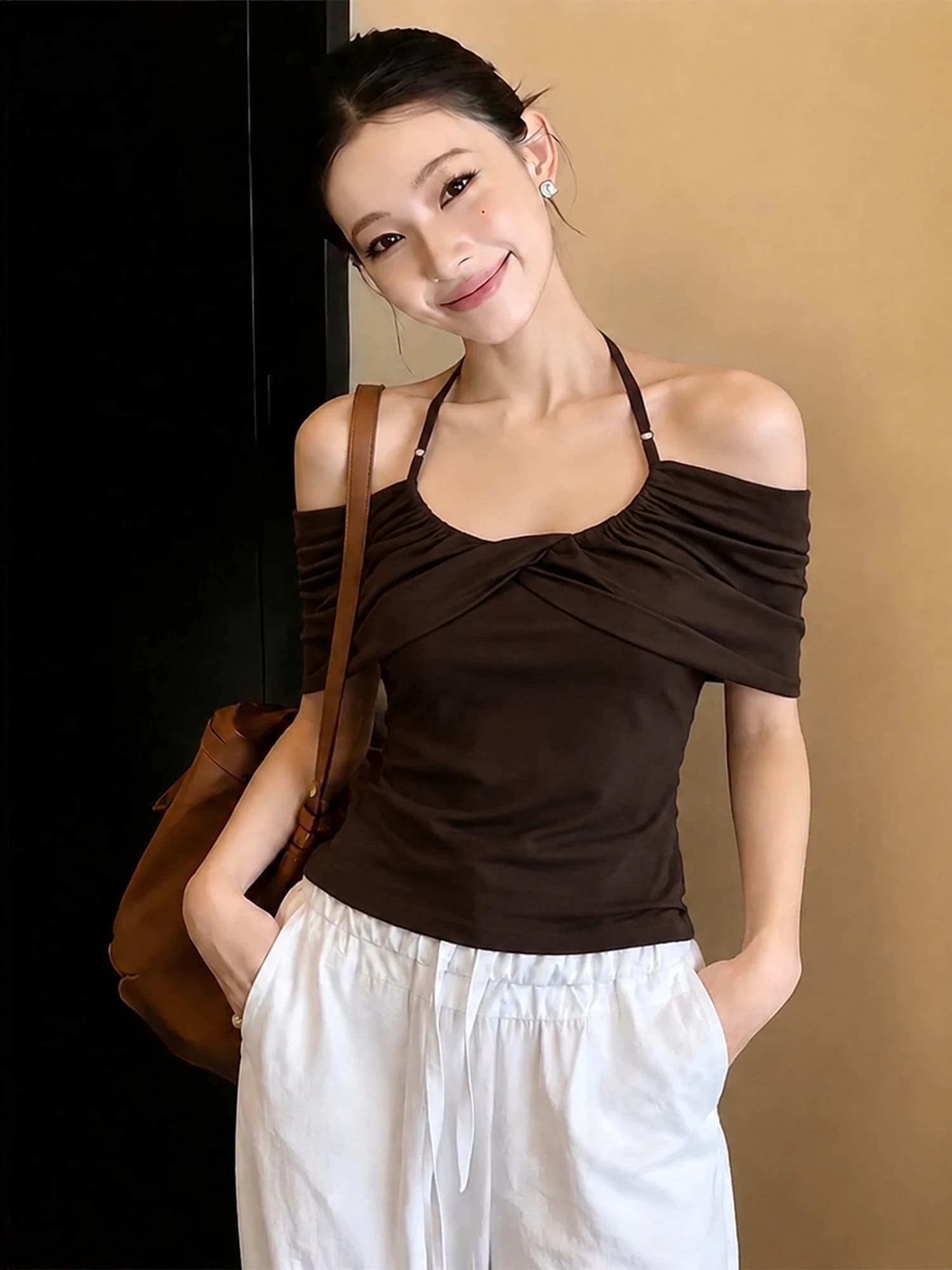 American Style Spicy Girl Neck Hanging Strap Shoulder T-Shirt Women Summer Pleated Design Slimming One Shoulder Top
