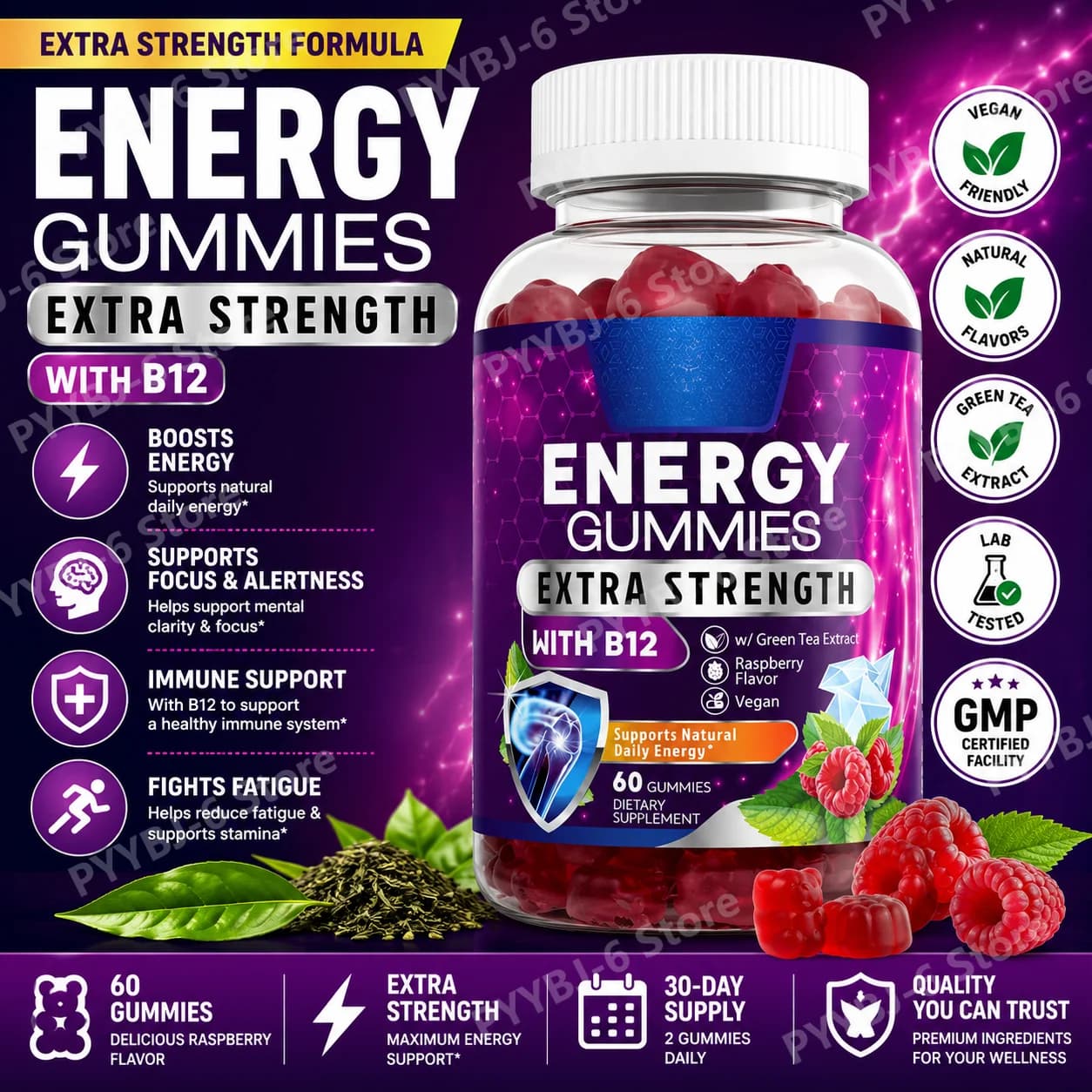 Gommose di Vitamina B12 Quotidiane con Estratto di Tè Verde, Gusto Frutti Rossi, Vegane, Senza OGM, Integratore Energetico per Adulti, 60 Gommose