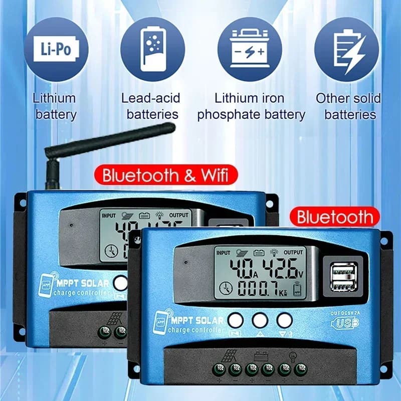 100A/60A/50A/40A/30A Bluetooth WIFI MPPT Regolatore di carica solare 12V/24V 12-60V Doppio USB Regolatore di carica del pannello solare
