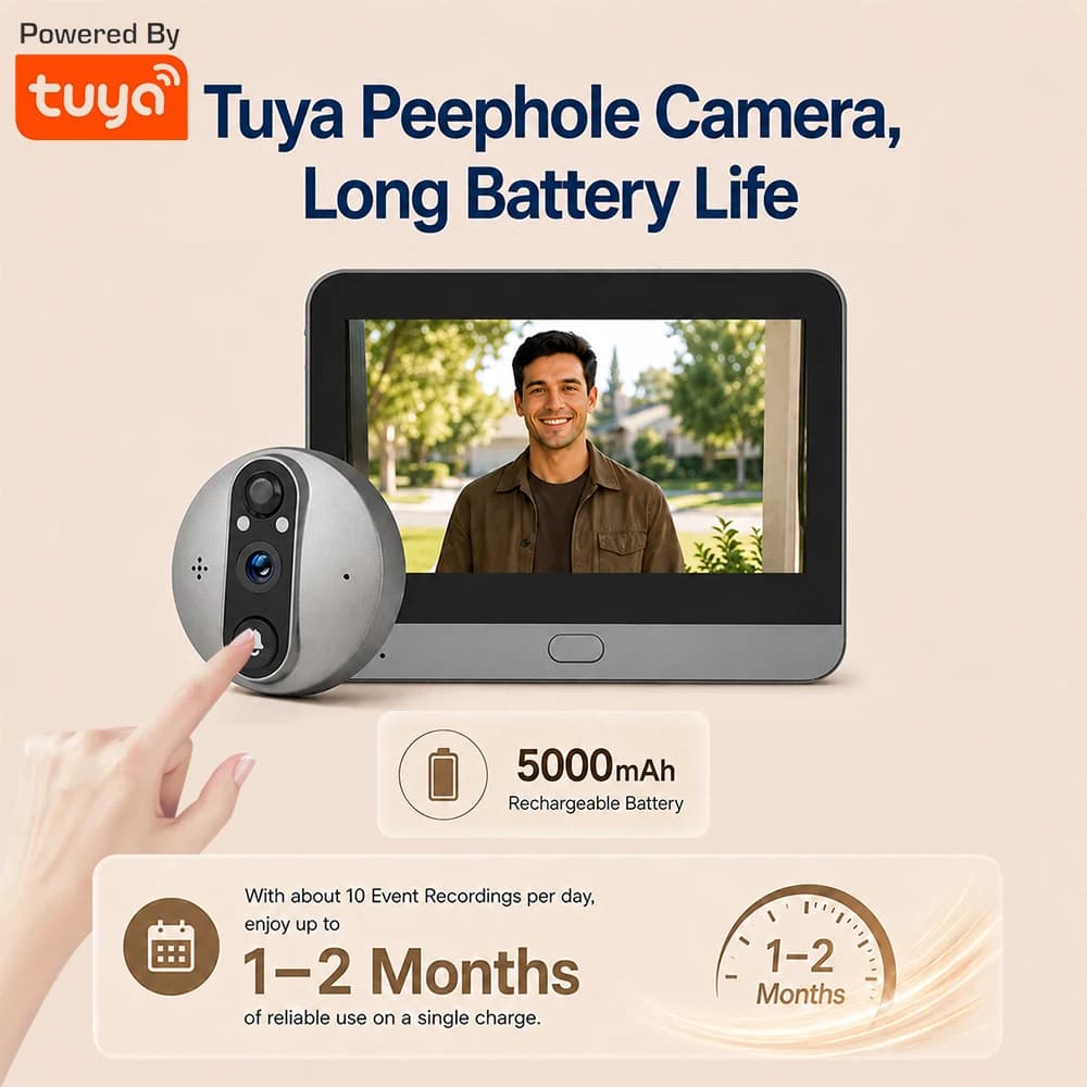 Videocitofono WiFi Tuya SmartLife 3MP con Telecamera Spioncino, Rilevamento Movimento PIR a Batteria, Visione Notturna IR, Connessione Cablata e Monitor