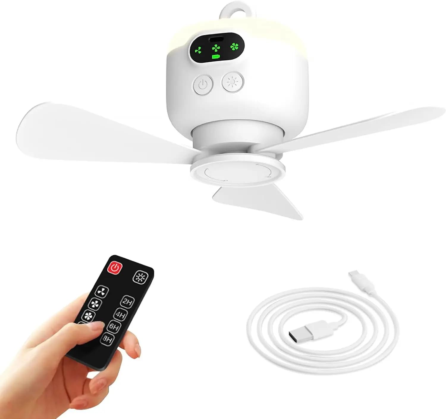 Ventilatore Portatile da Campeggio, Ventilatore da Soffitto per Tenda da 10,6 Pollici, Ricaricabile 8000mAh con Luce e Gancio, Timer e Spegnimento Automatico