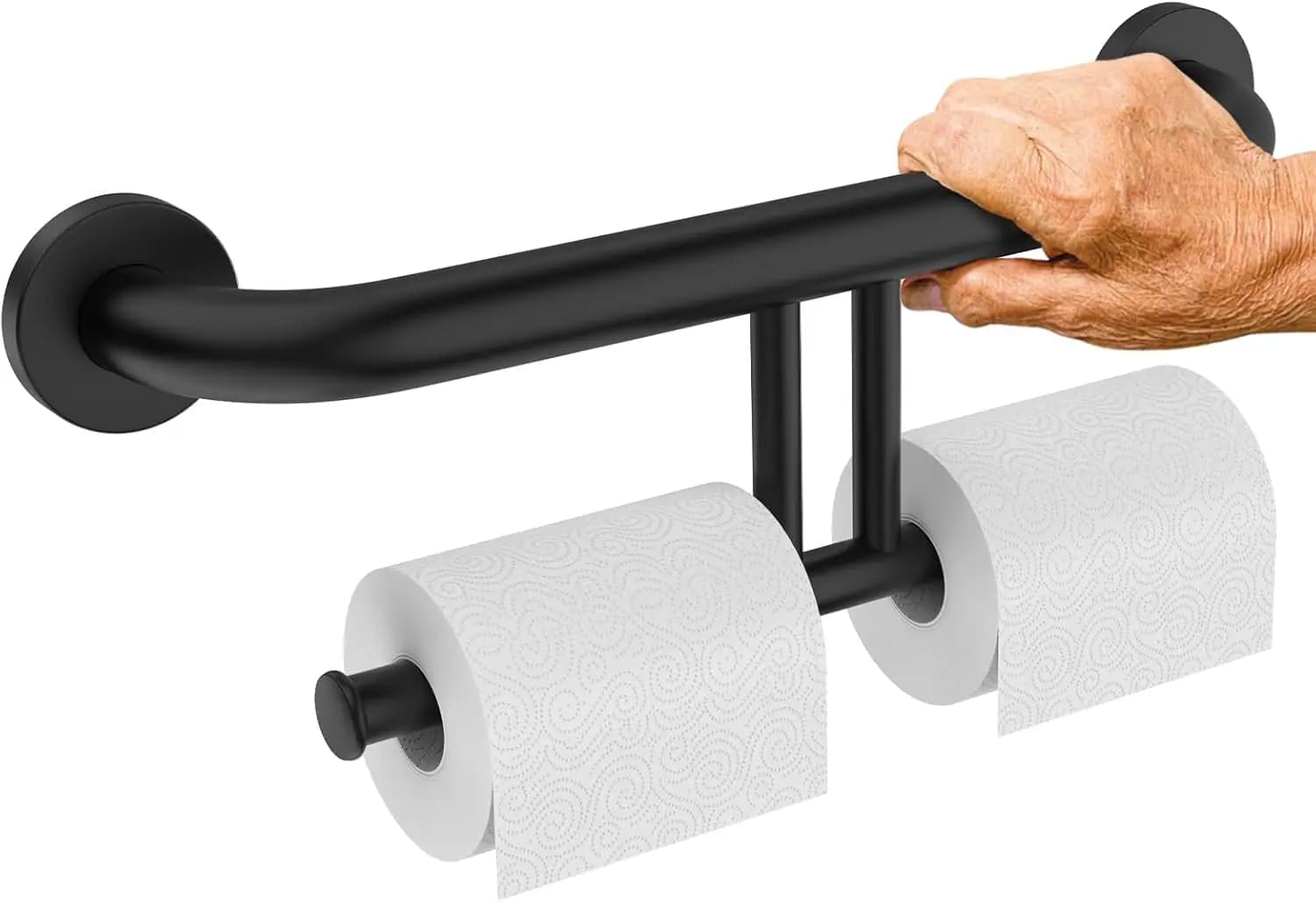 Stainless Steel Grab Bar with Double Toilet Paper Holder, 17 inch Safety Handrail for Elderly, Disabled, Support up to 500 lbs