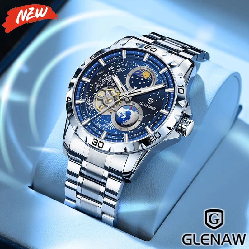 GLENAW Orologio da polso meccanico con doppia lancetta dei secondi con terra rotante Orologio da uomo con cinturino in acciaio inossidabile con cielo stellato