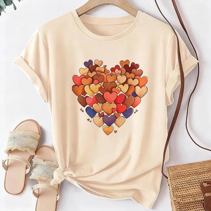 T-shirt casual da donna a maniche corte con scollo rotondo e stampa a cuore, stile coreano anni '90, t-shirt grafica Y2k, abbigliamento