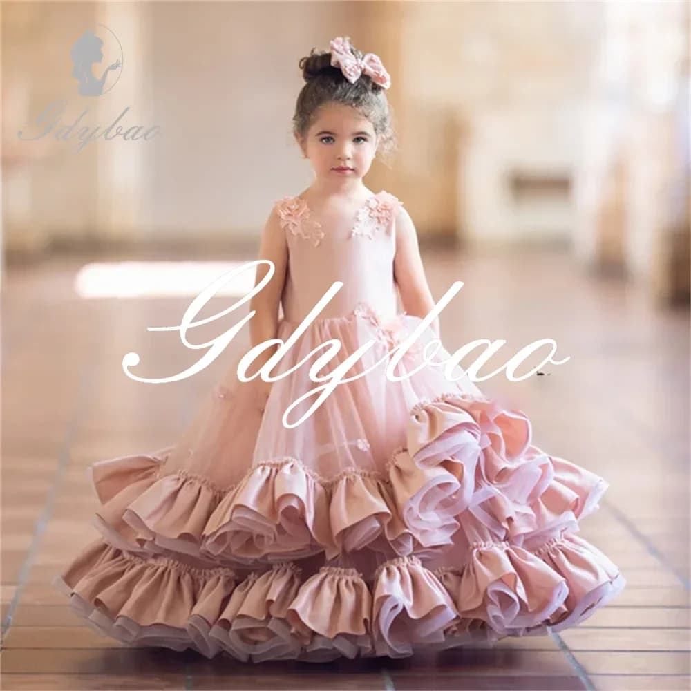 Simone Princess Flower O Neck senza maniche formale classico abito da ragazza di fiori lungo ballo lunghezza pavimento abito da prima comunione personalizzato
