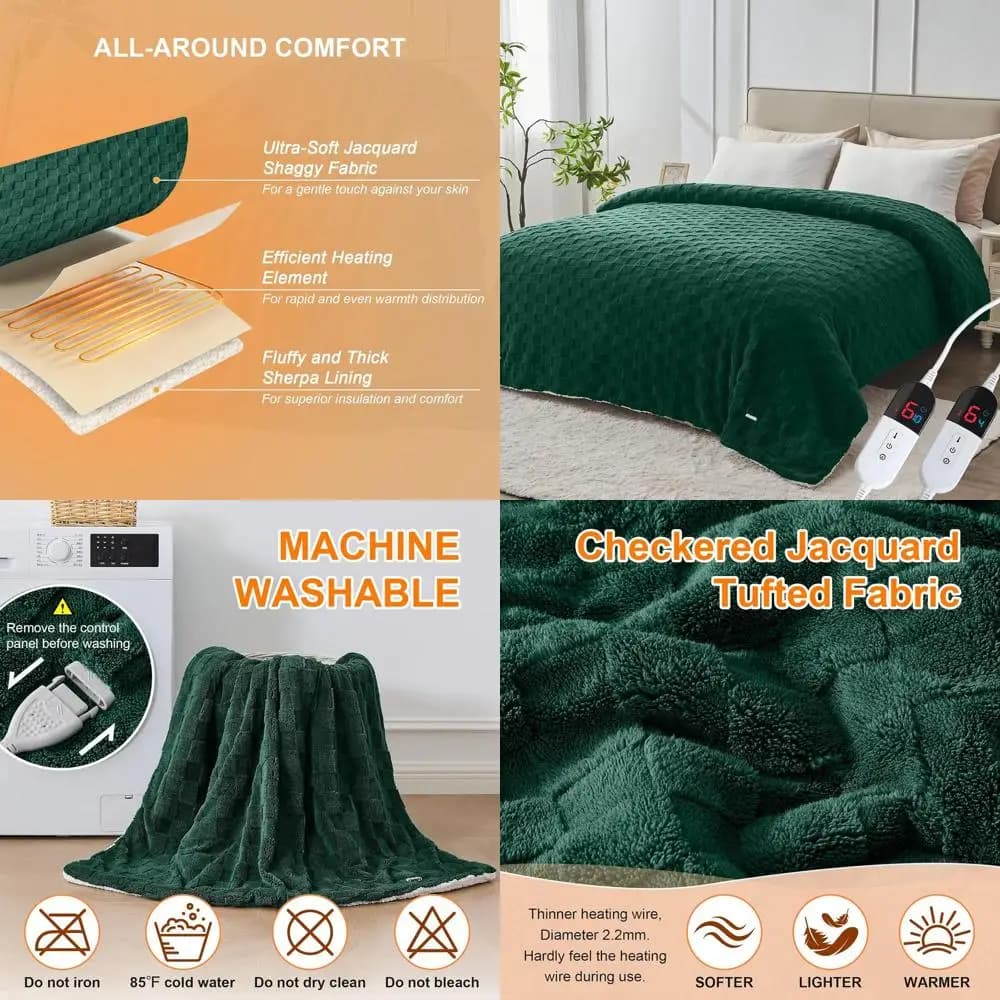Coperta Elettrica Queen Size con Doppi Controlli, 84x90 Jacquard Sherpa, 6 Livelli di Calore, Spegnimento Automatico 10 Ore, Protezione da Surriscaldamento