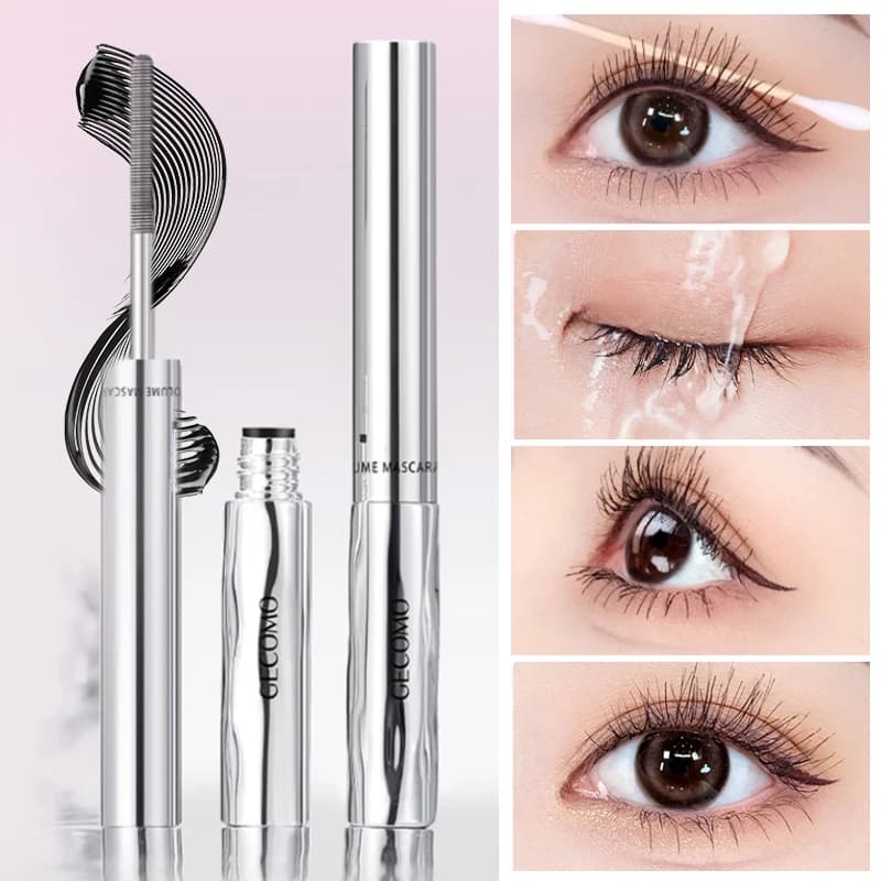 Mascara a lunga tenuta per ciglia incurvate, impermeabile e resistente al sudore, distingue ogni ciglia, voluminoso e denso, mascara con tubo in acciaio.
