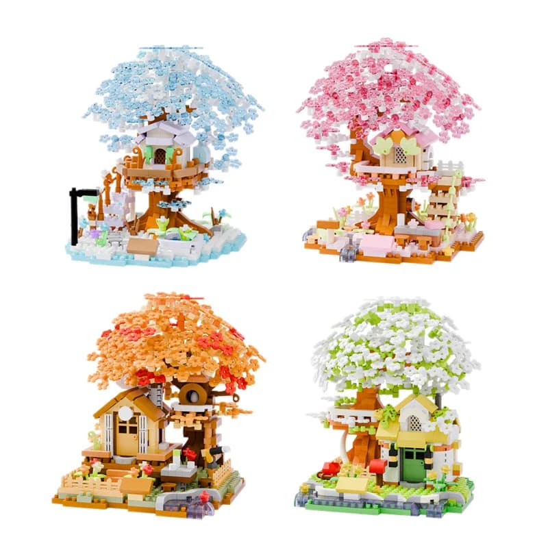Romantic four-color cherry blossom tree house building blocks educational assembly toys Valentine's day interior ornaments gift