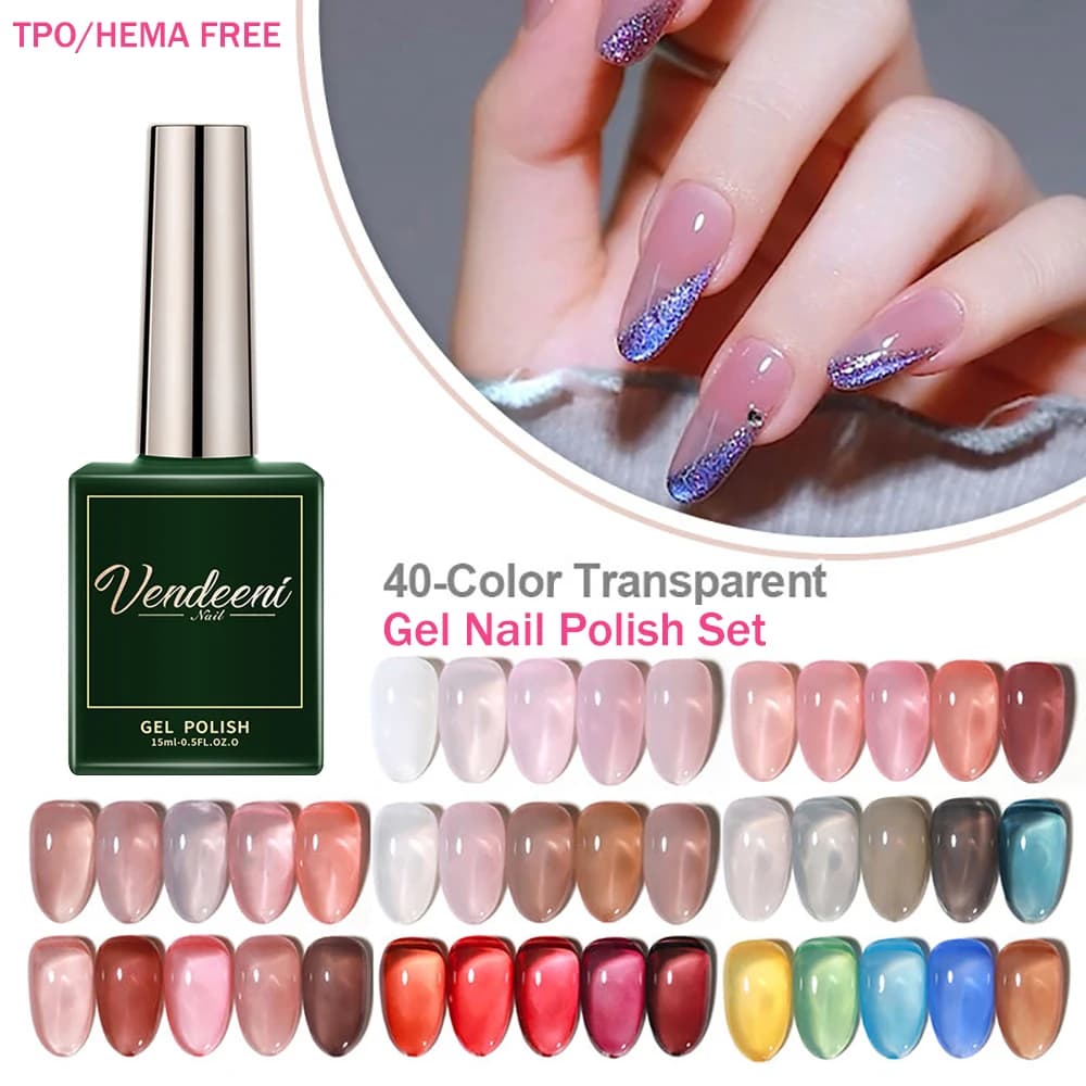 Smalto gel trasparente Vendeeni 40 colori, colore nude rosa pelle, smalto gel UV soak-off, gel trasparente effetto gelatina per nail art