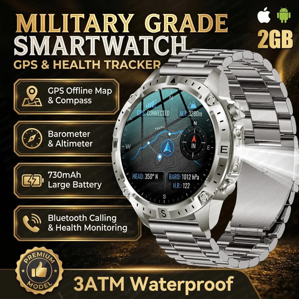 Nuovo Smartwatch Militare 2026 con GPS e Mappe Offline, Schermo AMOLED da 1,43'', Impermeabile 3ATM, Orologio con Chiamate e Torcia, Batteria da 730mAh, Compatibile iOS