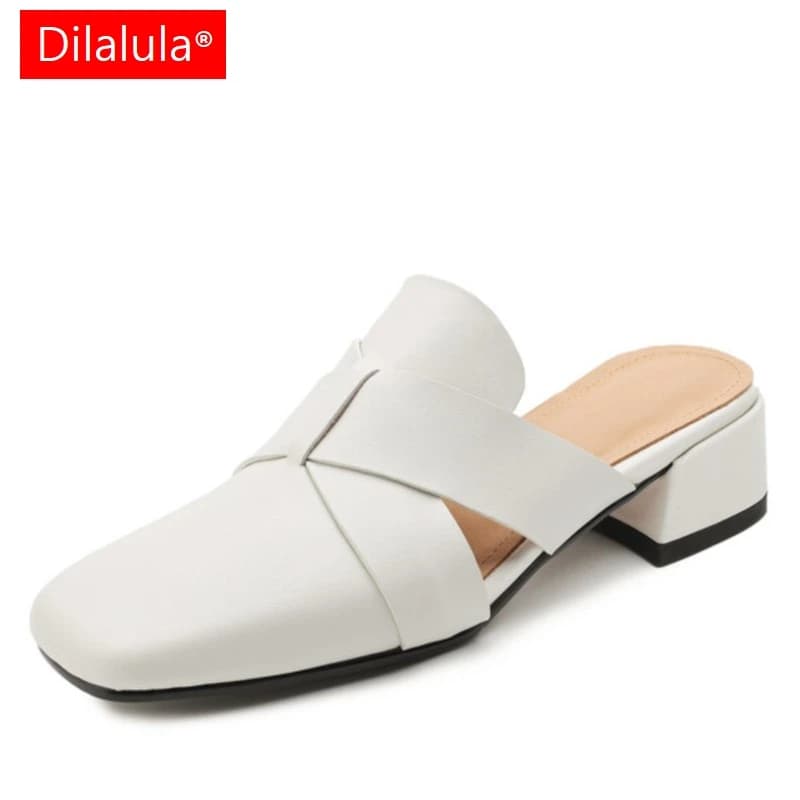 Dilalula Summer Women Mules scarpe in vera pelle per donna Cover Toe pantofole con tacco grosso sandali moderni con punta quadrata concisa