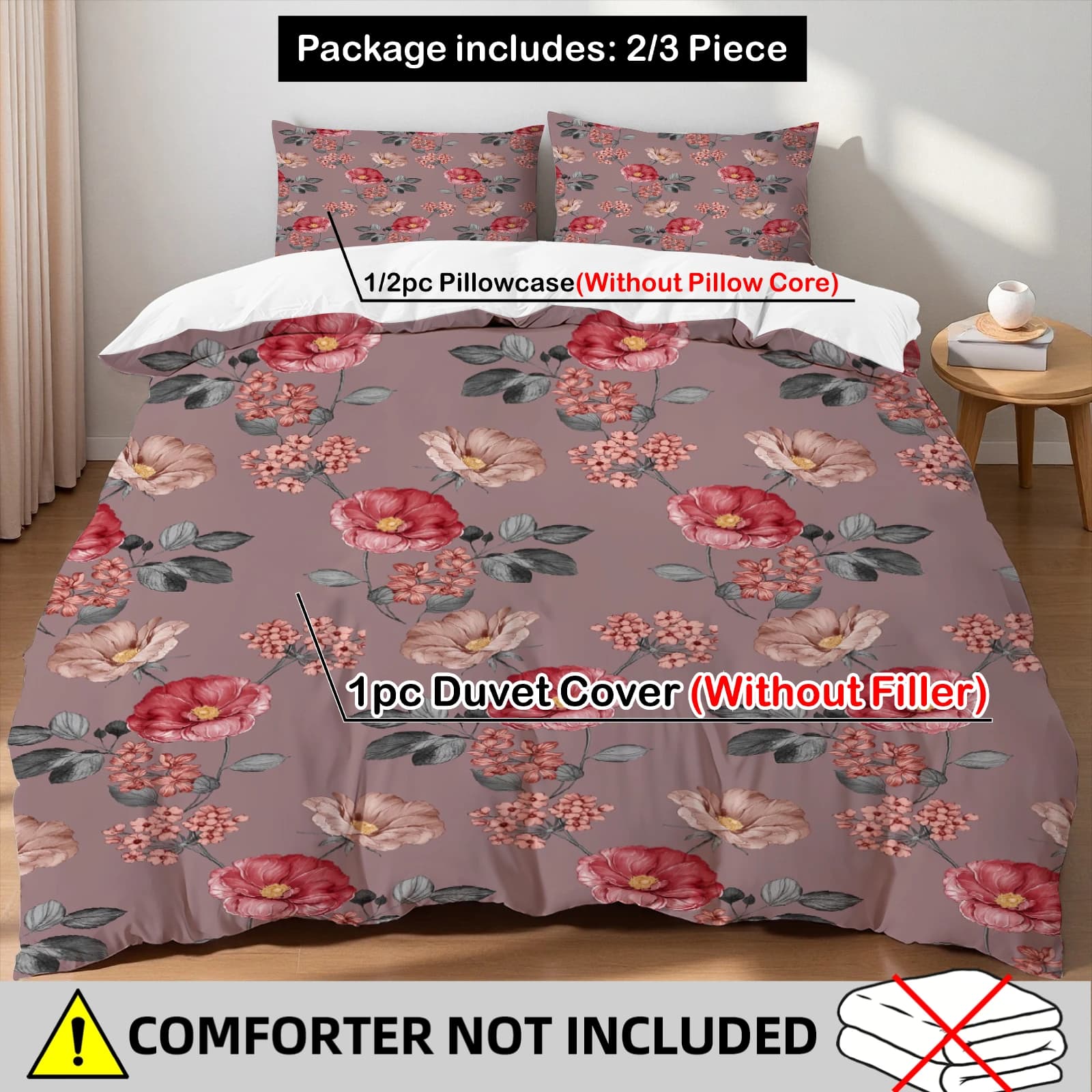 Dusty Rose Floral Duvet Cover Set 3Pcs Red Flower Print Bedding 2 Pillowcases No Comforter Breathable All Sizes Bedroom Decor