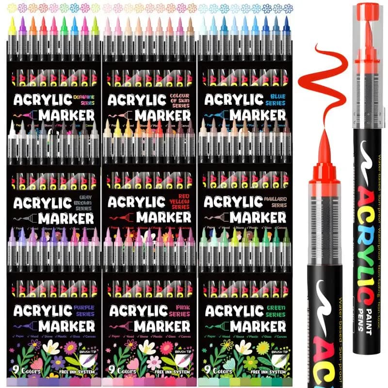 Pennarelli acrilici a punta morbida Direct Liquid, 81 colori, 9 schemi di colori, set da 9 pezzi, penne acquerellabili che non sbavano per studenti d'arte, penne colorate fai da te adatte per pittura su roccia, calligrafia, scrapbooking, scrittura a mano, creazione di biglietti, cartoncino nero, pittura su pietra, legno, plastica, tela, adatte per studenti e professionisti d'ufficio