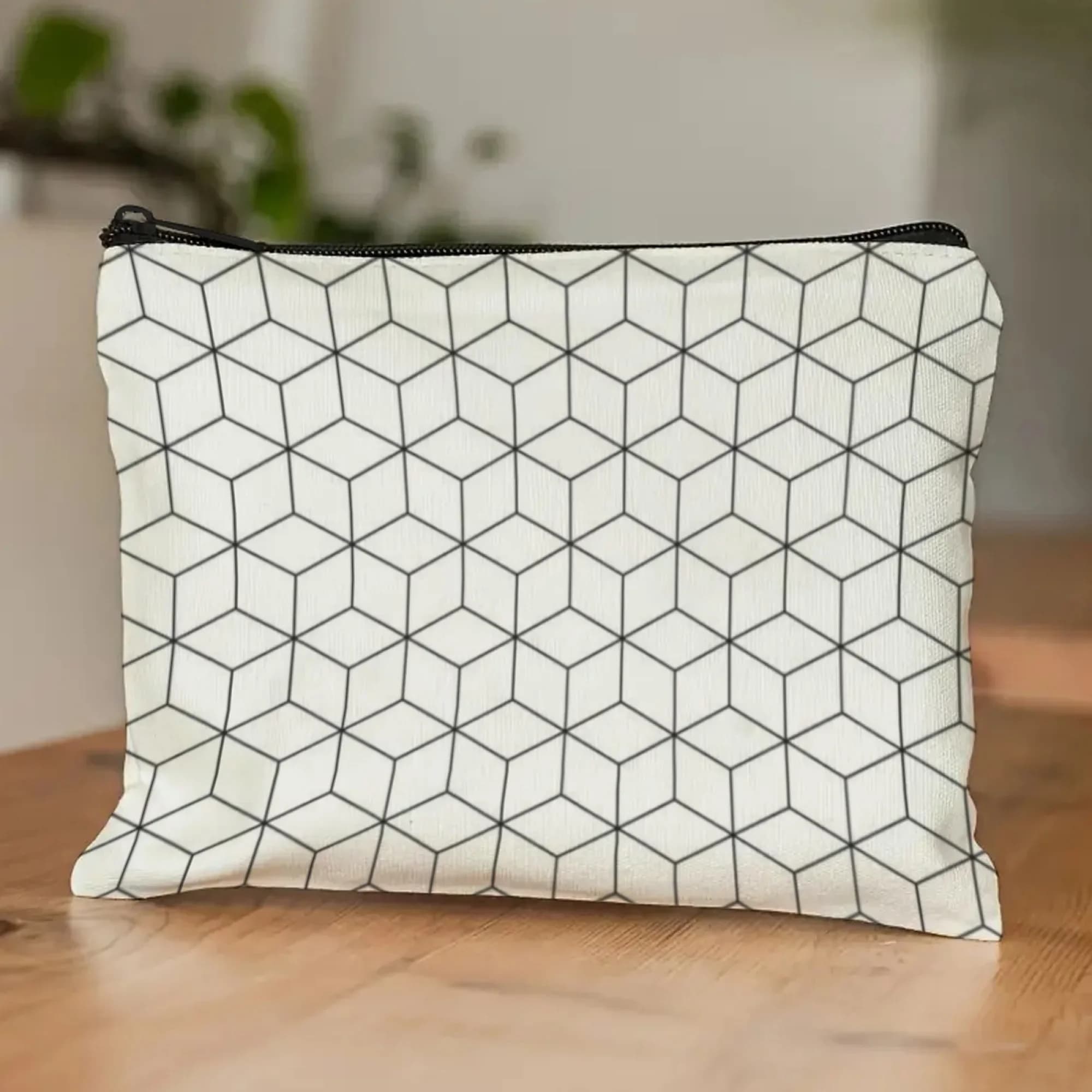 Cartoon Cube Cosmetic Bag，Pastel Geometric Print on Canvas，Lightweight Zipper Pouch for Unisex Kawaii Travel & Street Style