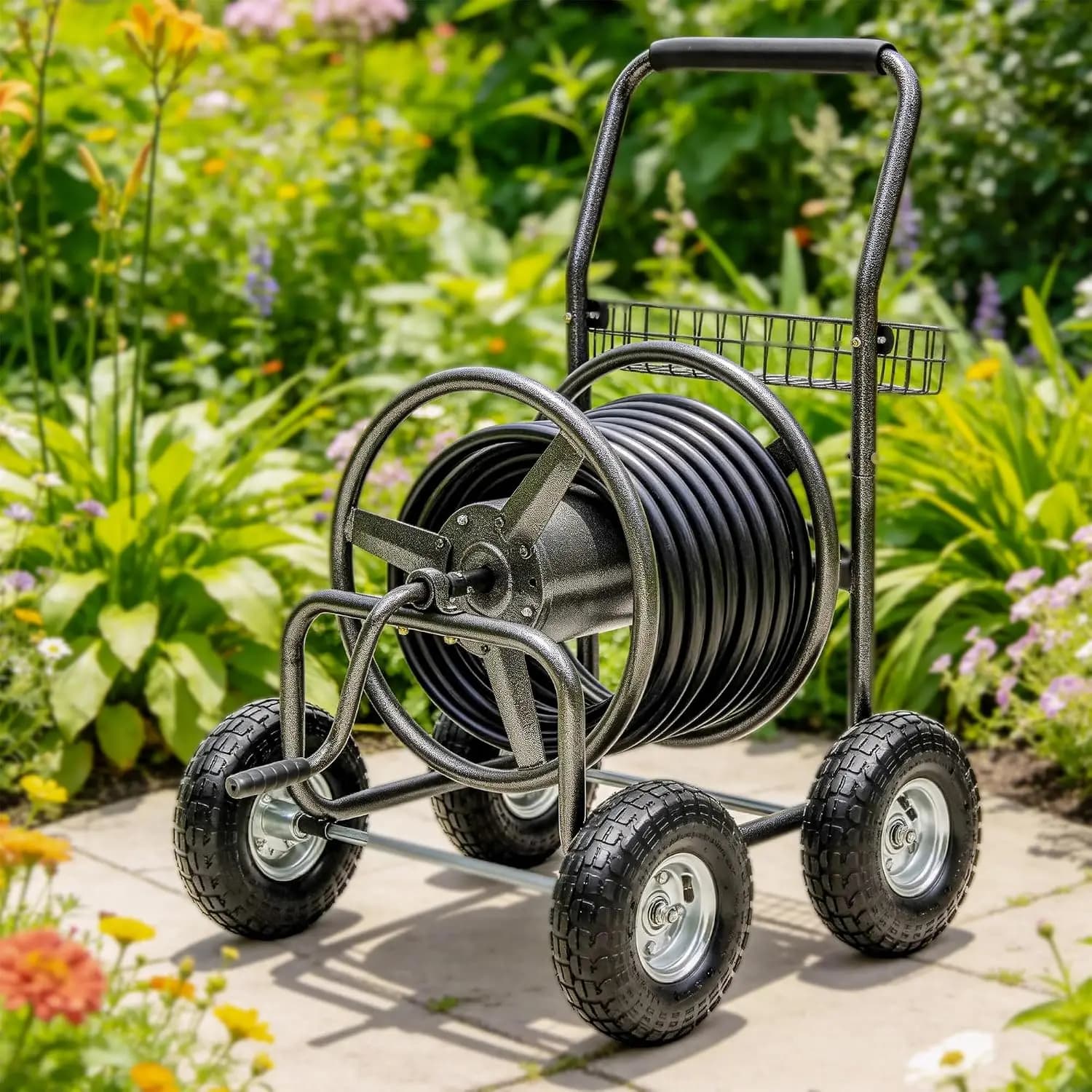 Hose Reel Cart Holds 250 Ft Of 5 Per 8 Inch Hose Heavy Duty Industrial Garden Water Hose Reel With 4 Wheels Storage Basket Powder Coated Steel Frame For Lawn Yard Garden Outdoor Mobile Organizer