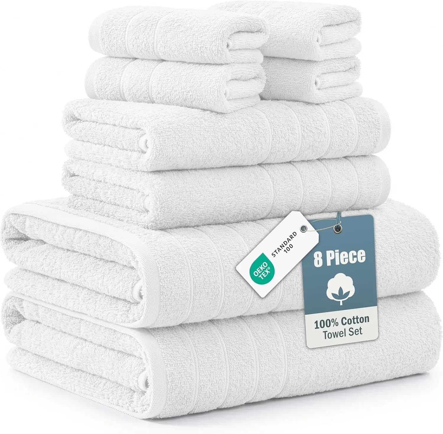 Set di Asciugamani da Bagno in Cotone di Lusso - 8 Pezzi Super Morbidi, Assorbenti, ad Asciugatura Rapida per Spa e Viaggi - Bianco