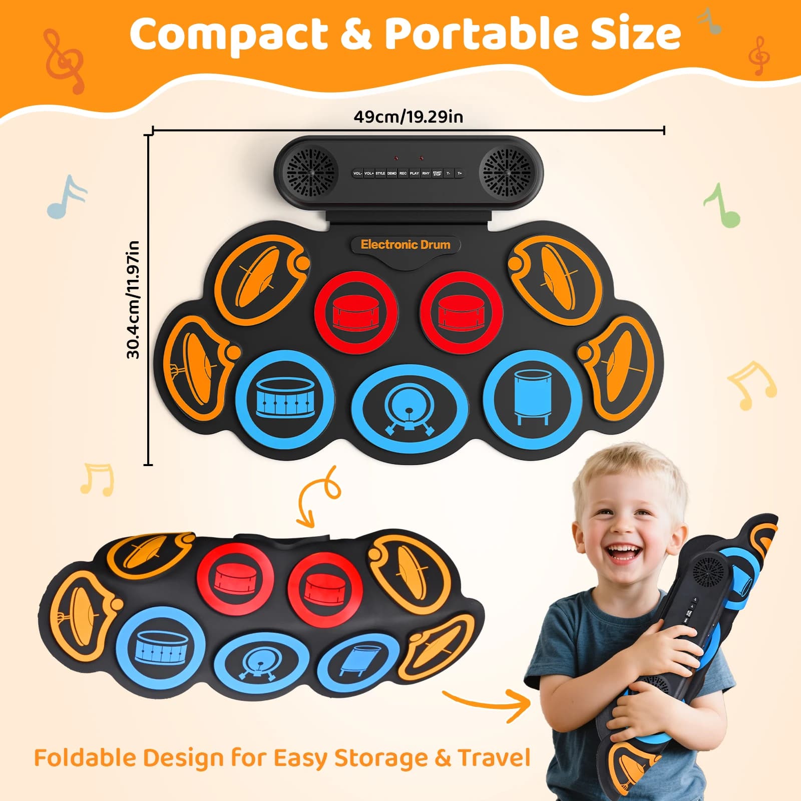 Set di Batteria Elettronica con 9 Pad Arrotolabili, Altoparlante BT Doppio, Supporto DTX Gaming, 7 Stili, 6 Ritmi, 10 Canzoni Demo per Pratica