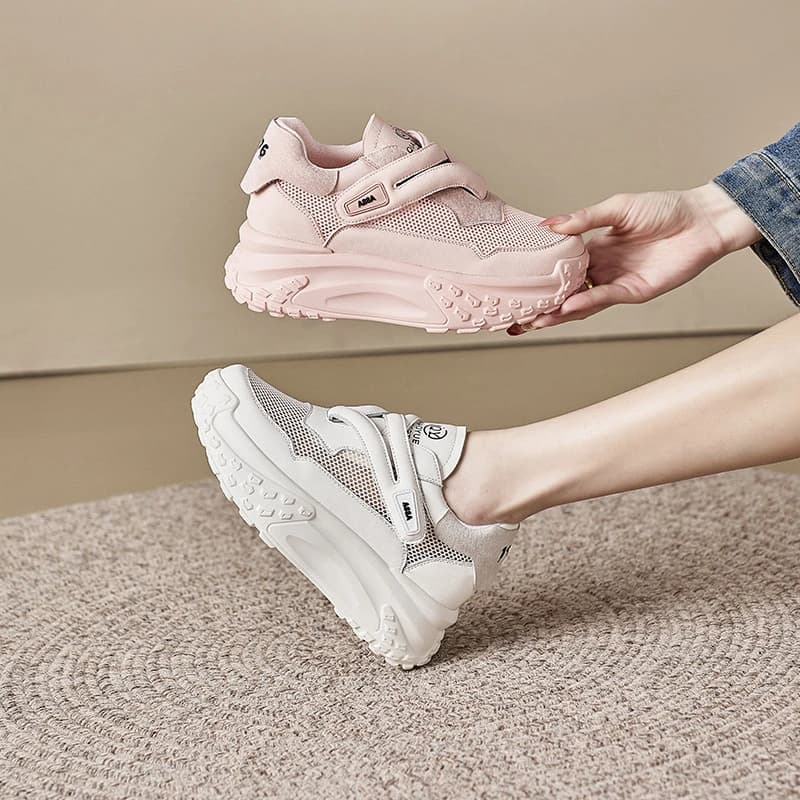 Women Mesh Platform Sneakers 2026 New Velcro Strap Ultra Thick Sole Breathable Casual Shoes In Pink And White For Summer New