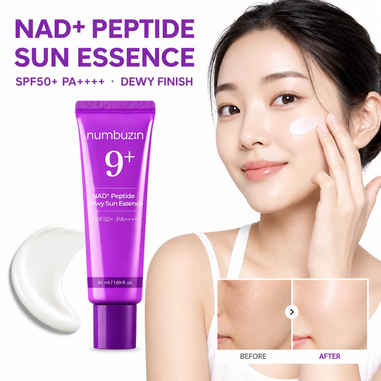 Numbuzin 9+ NAD Peptide Dewy Sun Essence SPF50+ PA++++ Collagen Moisturizing Quick Absorbing Facial Sunscreen Outdoor Skin Care