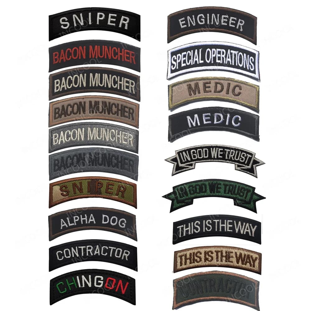 Sniper Medic Engineer Contractor Spalla Linguetta Patch ricamata a Dio Fiduciamo Distintivi Ranger Operazioni speciali Patch Appliques