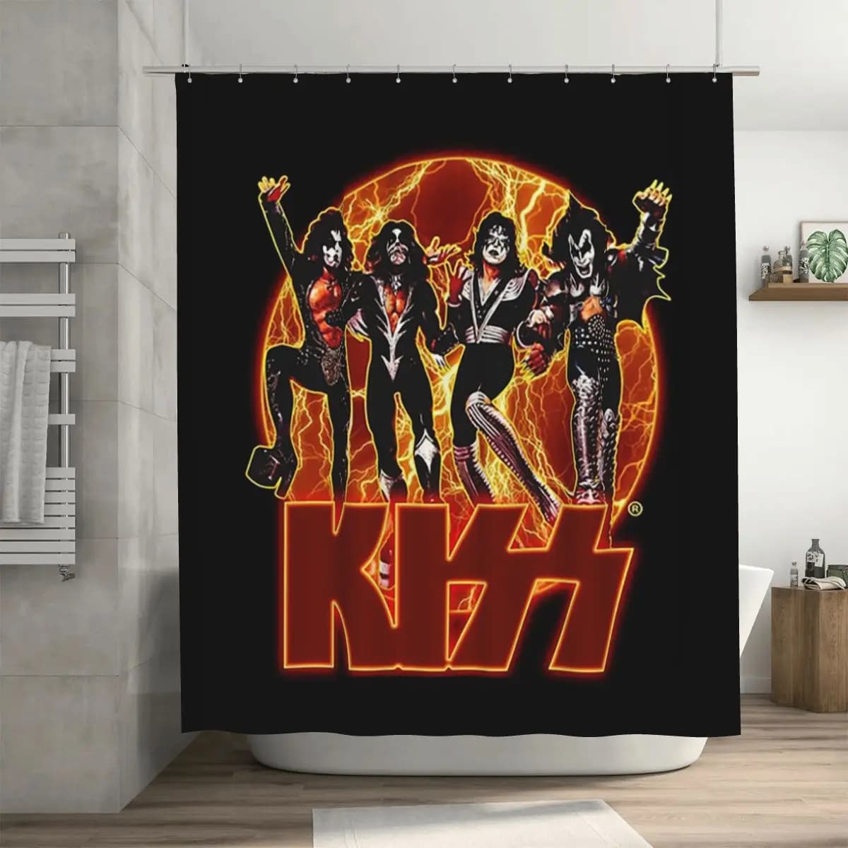 Curtain per doccia con personaggi dei membri della band KISS: Demon, Spaceman, Starchild, Catman, in poliestere impermeabile, con ganci