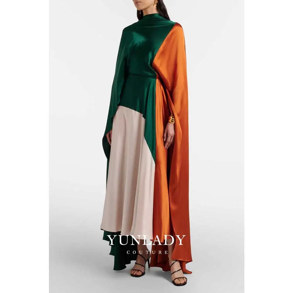 YUNLAN Customized Elegant Saudi Arabian Green Silk Crepe Shawl-Style Maxi Evening Gown, Wedding Guest Cover-Up Robe for Women