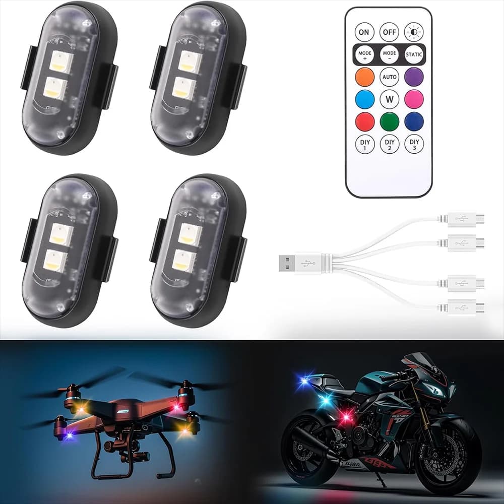 RGB LED strobe light for cars, bikes, motorcycles, tail, anticollision light, wireless remote control, night safety indicator
