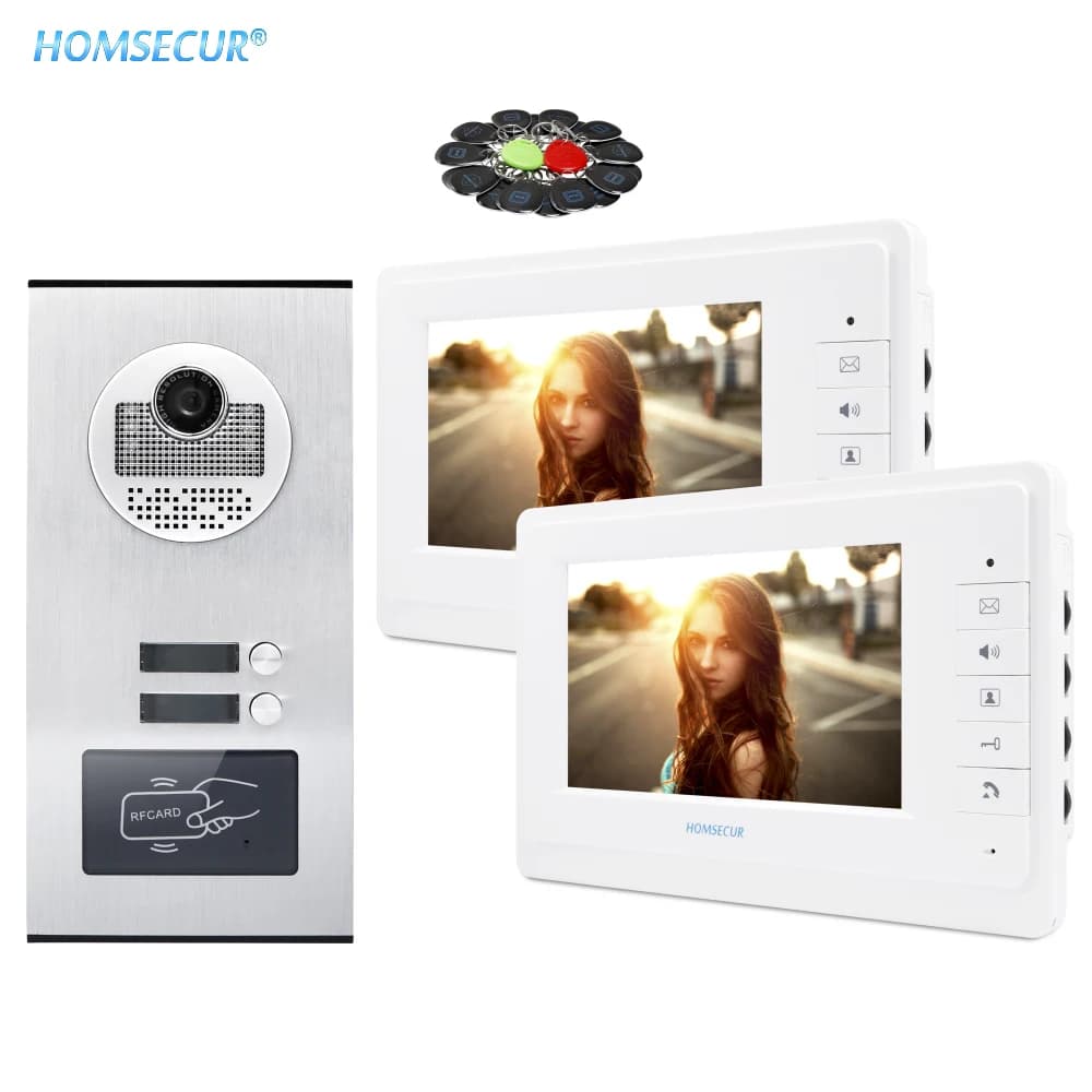 HOMSECUR 4 fili vivavoce 7 "videocitofono citofono sistema da incasso campanello fotocamera RFID sblocco accesso per 2 appartamenti
