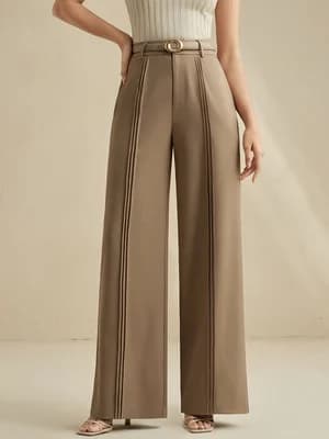 Women Business Casual Wide Leg Trousers High Waist Office Work Dress Pants Seamed Front Straight Long Pants Belt Not Included