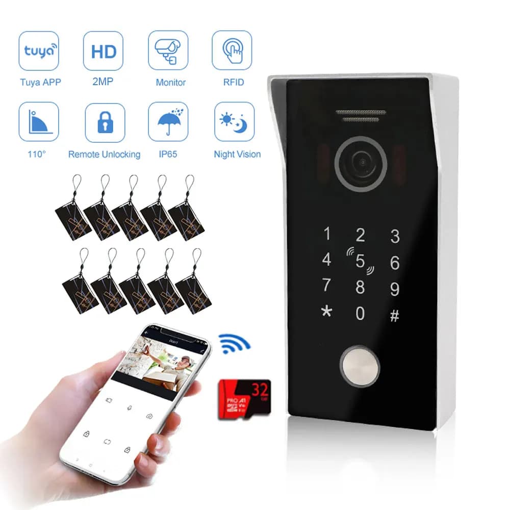 Campanello Video WiFi Intelligente Tuya con Telecamera 1080P, Sistema di Controllo Accessi con Tastiera a Codice per Ville e Appartamenti, Sblocco con Carta ID e App