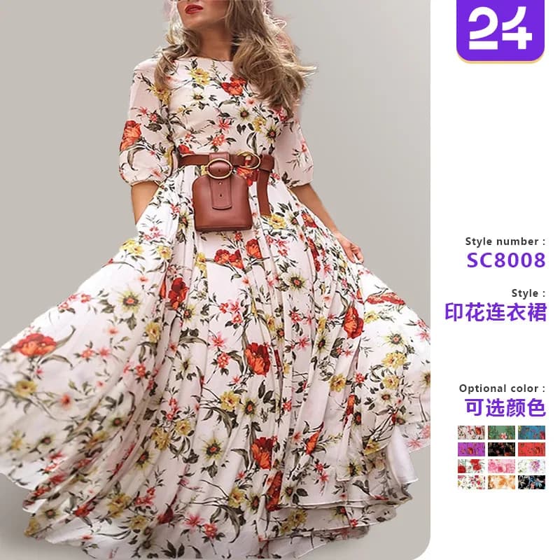 Abito slim floreale in chiffon con temperamento a pendolo stampato 2025 Nuovo abito transfrontaliero europeo e americano primaverile e autunnale