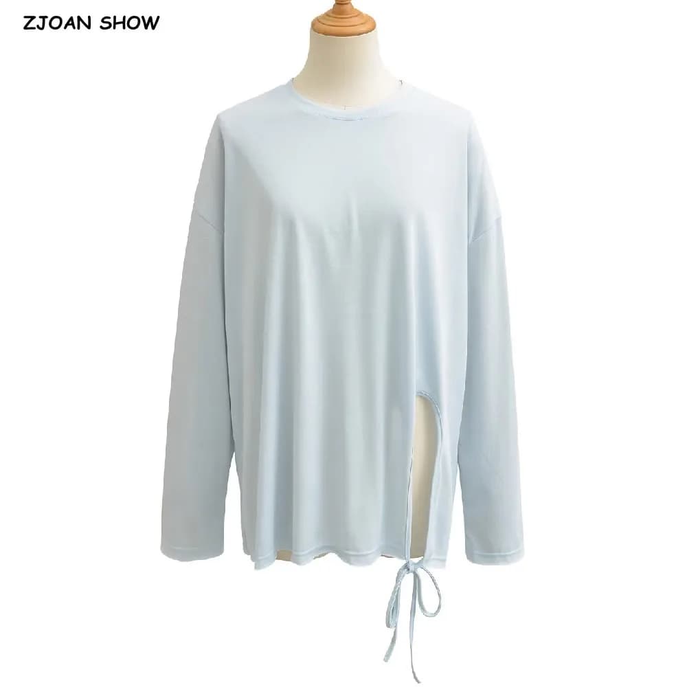 9 colori 2025 Autunno Girocollo Jersey Allacciatura sull'orlo con fiocco Fessura T-shirt asimmetriche Donna Manica lunga T-shirt allentata Base Camicetta Top