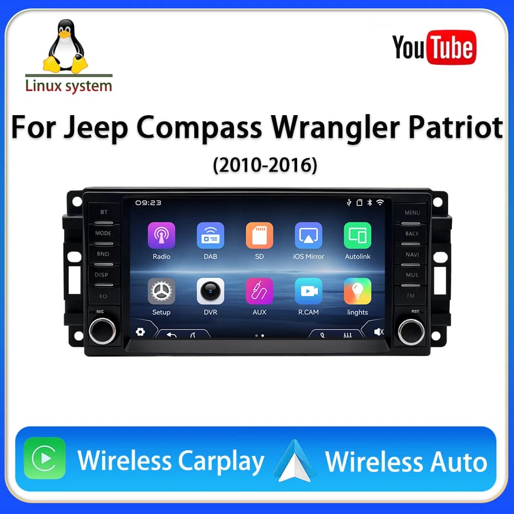 Autoradio da 7 pollici per Jeep Compass Wrangler Patriot, sistema Linux, Carplay wireless, Android Auto cablato, radio USB, Bluetooth 5.1, FM