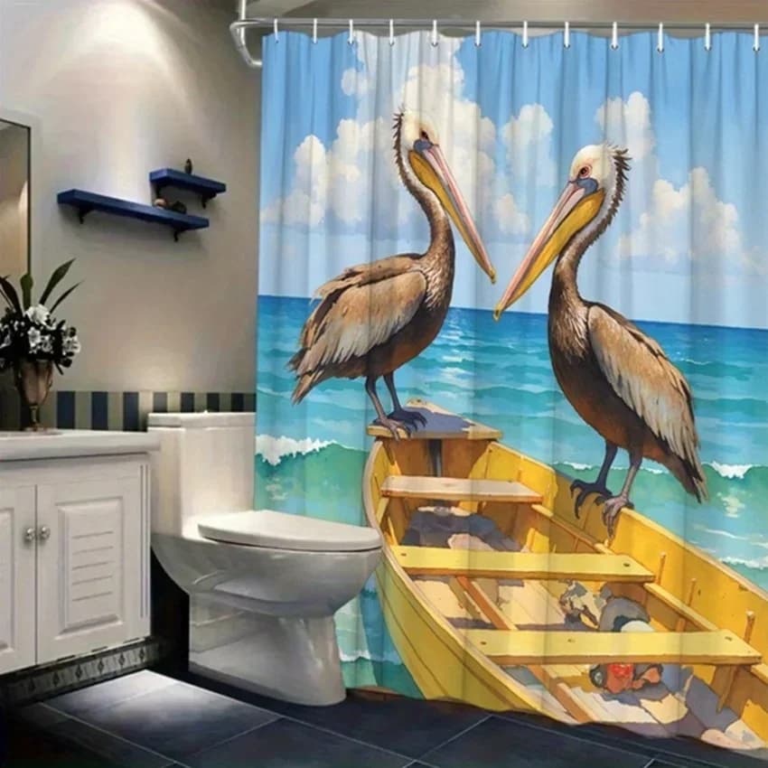 ~O~1pc Tenda da doccia Pelican - Design di barche turchese e mare giallo, poliestere, lavabile con 12 ganci, arredamento per il bagno