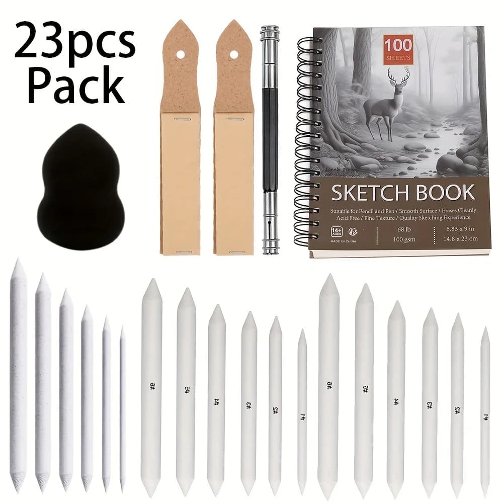 23pcs Sketch Drawing Tool Kit include 18 Blending Paper Stumps, 2 Sandpaper，1 Pencil Extender, 1 Sponge, 1 Sketch Paper Book
