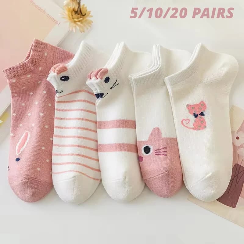 5/10/20 pairs of short tube socks woman pink cat slim four seasons socks boat cute socks fashionable low socks