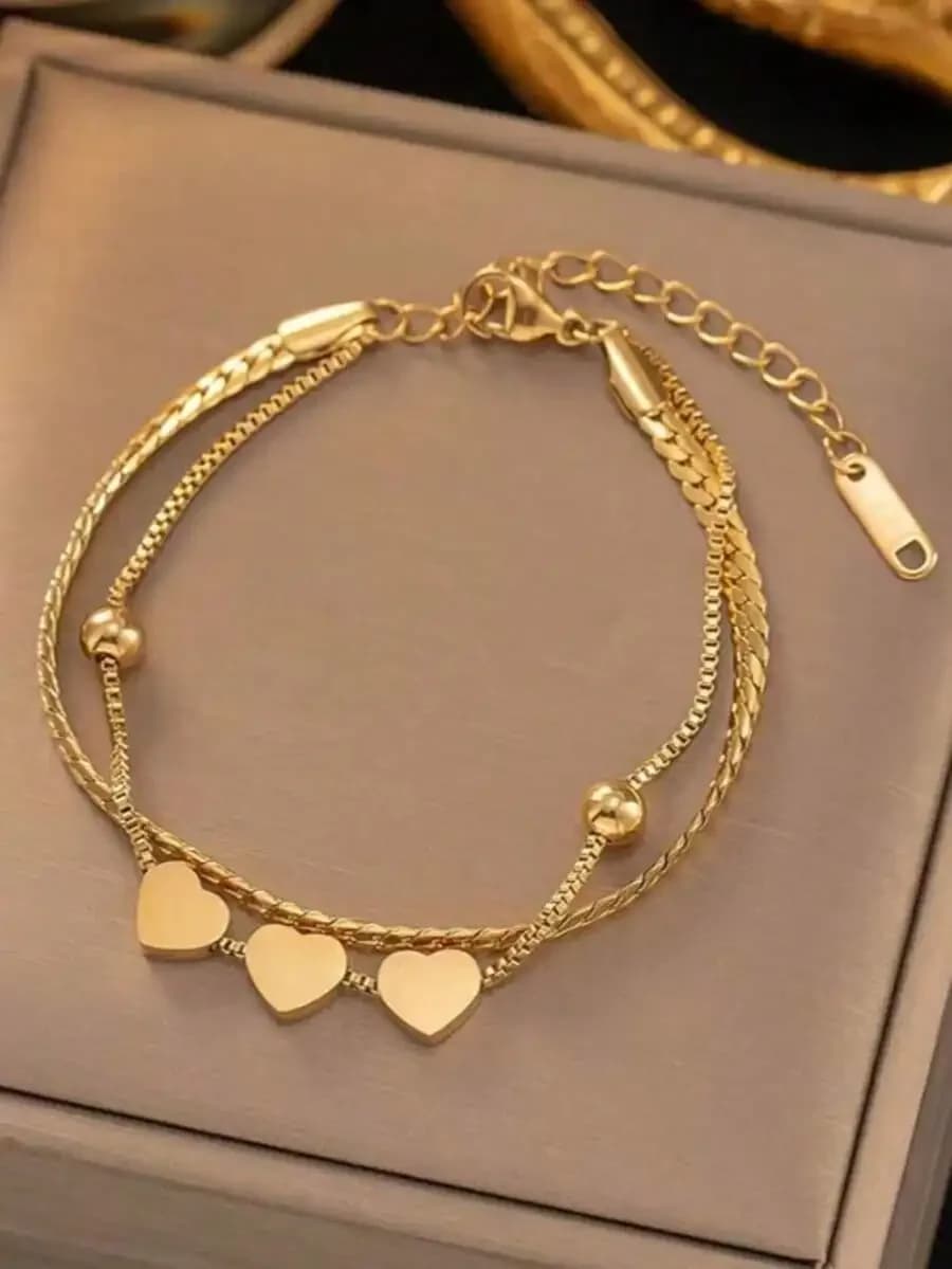 1pc Stainless Steel Fashionable Double-Layer Heart Bracelet