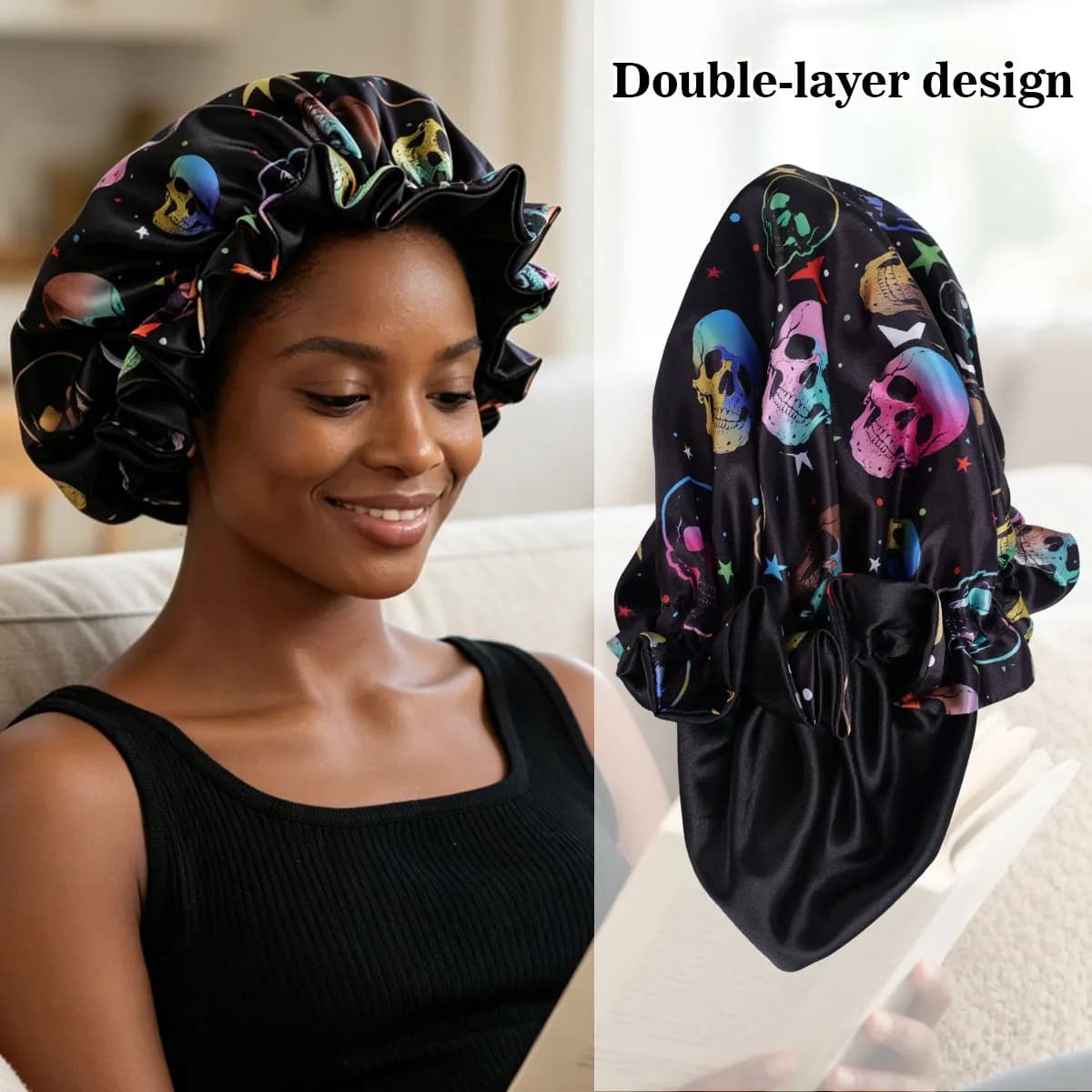 Halloween Skull Print Satin Sleep Cap, Double Layer Bonnet Styles for Women And Men, Halloween Party Favor, Sleep Bonnet