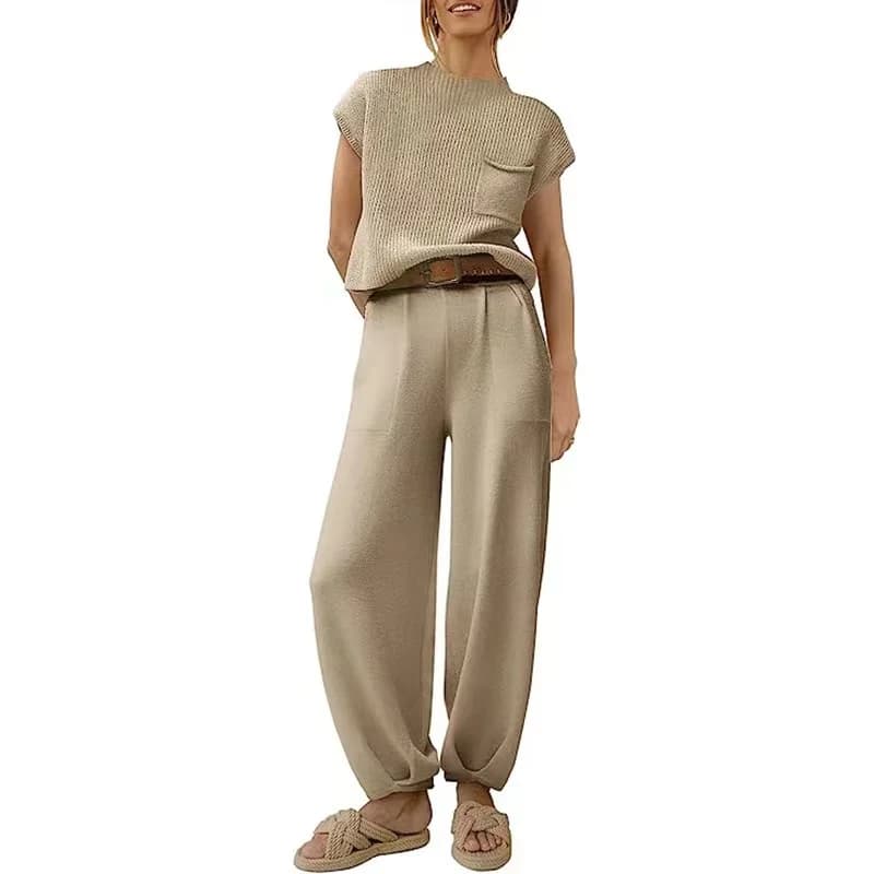 Women's Trousers Set Coordinated Ankle Pants Pencil Pullover Short Sleeved Skinny Pockets Casual Packed Two Pieces