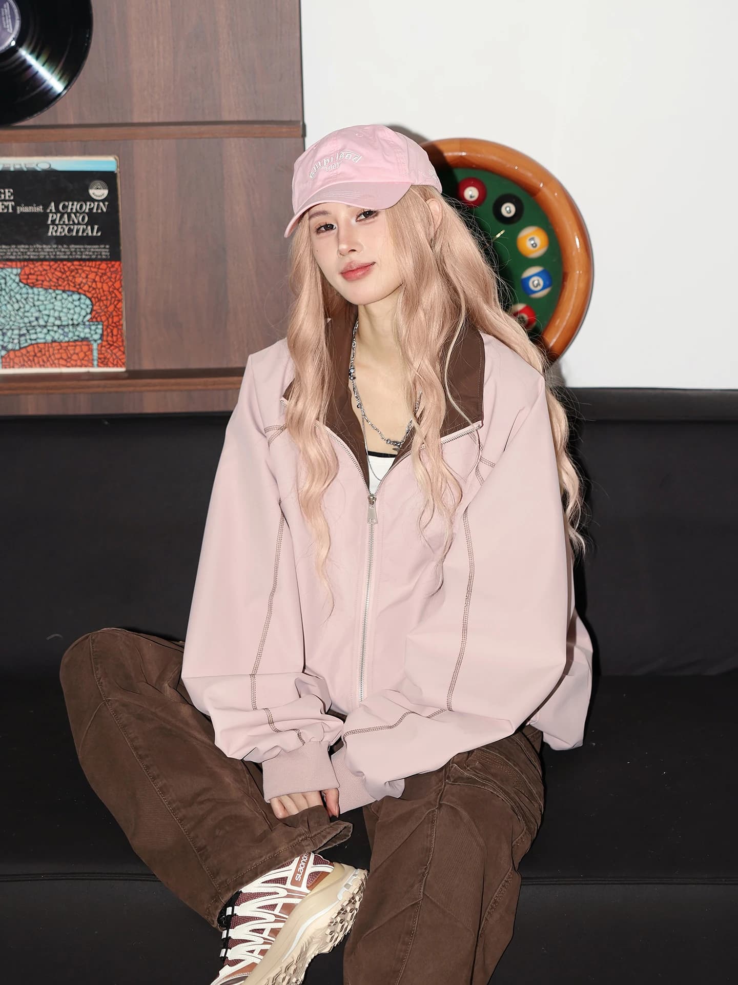 Cardigan Aperto Rosa Stile Americano Casual da Donna, Giacca Primaverile Autunnale in Fibra di Poliestere a Maniche Lunghe con Chiusura a Cerniera